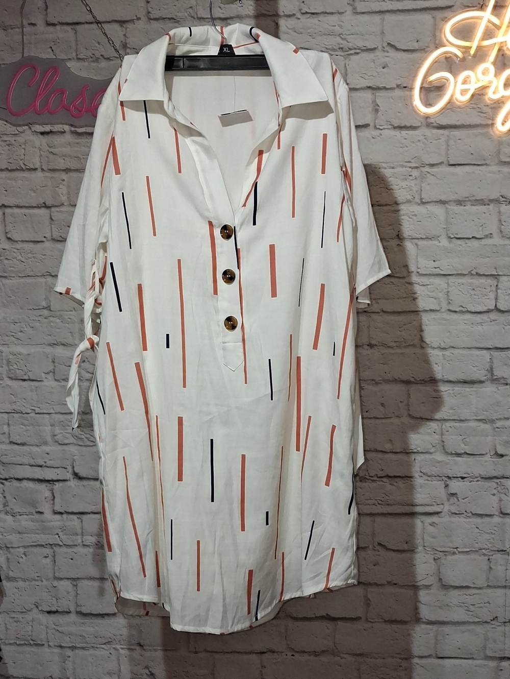 Lush White Dress with Peach/ Navy Accents